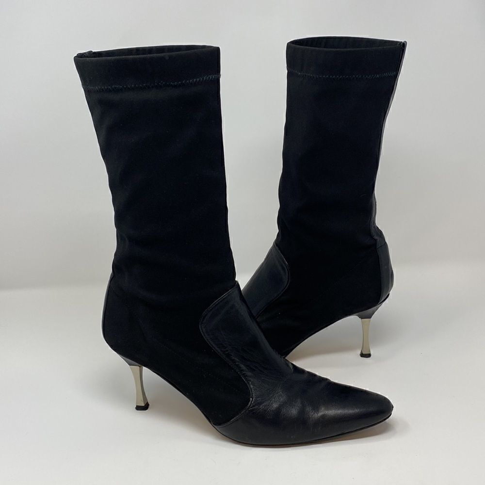 Timothy Hitsman Leather & Spandex Metal Heel Calf Length Boots